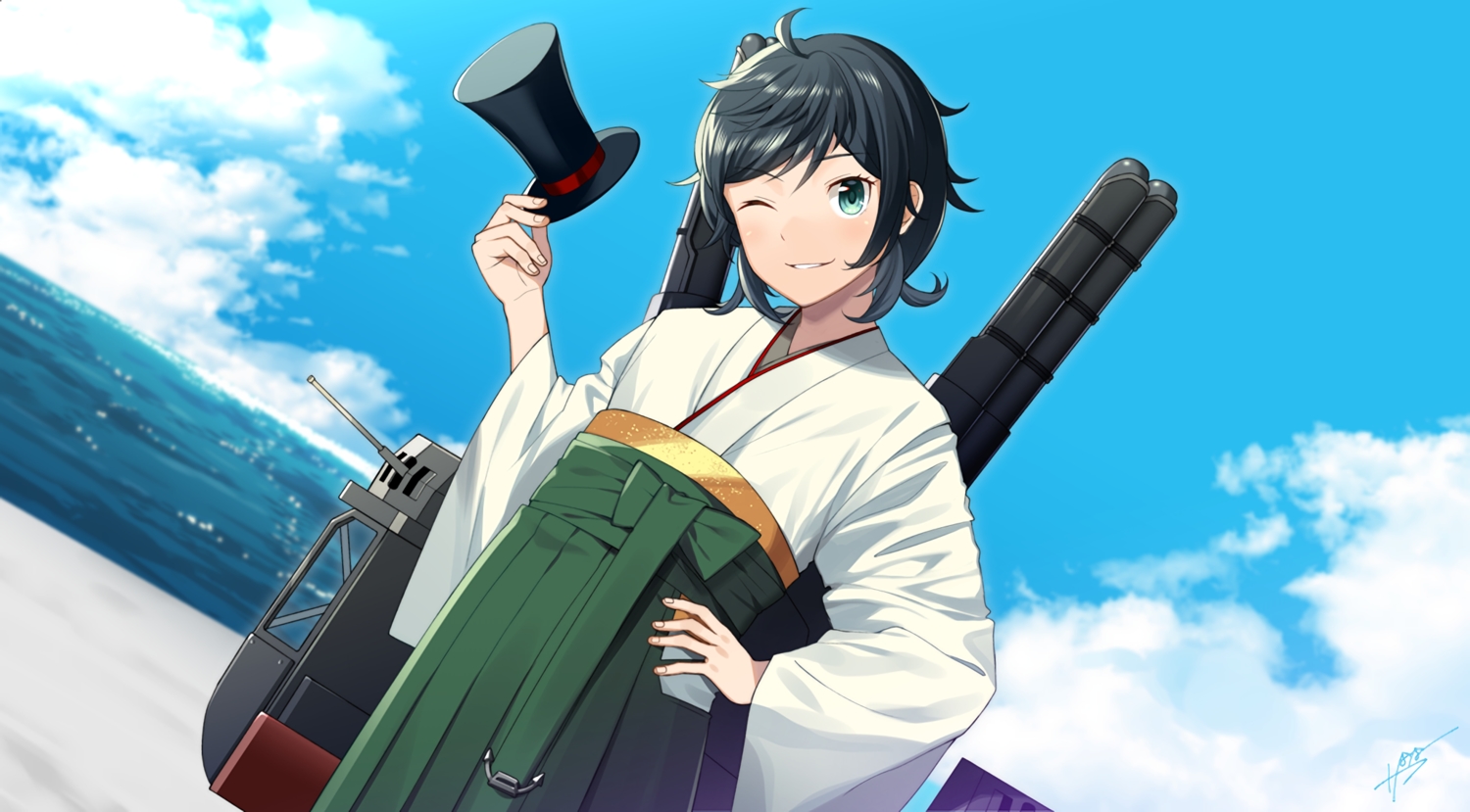 anthropomorphism, black_hair, clouds, green_eyes, hat, japanese_clothes, kantai_collection, matsukaze_(kancolle)