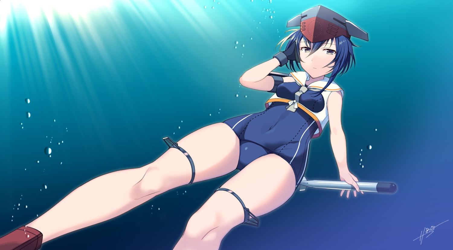 anthropomorphism, blue_eyes, blue_hair, breasts, gloves, hat, i-13_(kancolle), kantai_collection