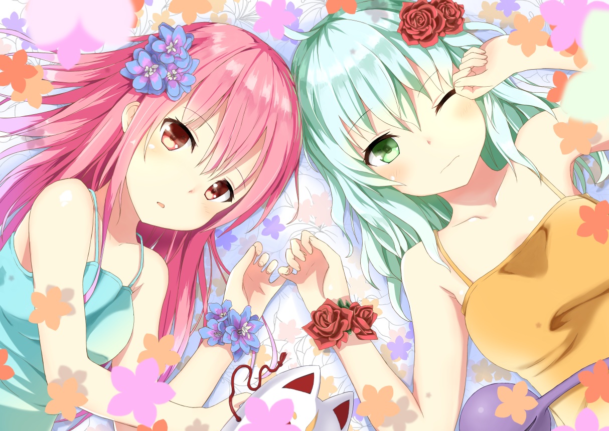 2girls, aliasing, bluekalmia, blush, brown_eyes, flowers, green_eyes, green_hair, hata_no_kokoro, komeiji_koishi, long_hair, mask, pink_hair, short_hair, touhou, wink