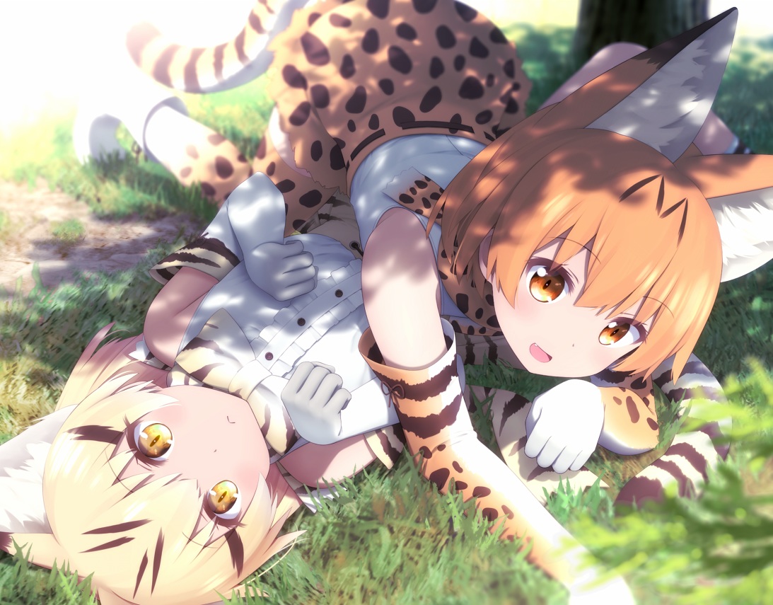 2girls, animal_ears, anthropomorphism, blonde_hair, brown_eyes, brown_hair, catgirl, elbow_gloves