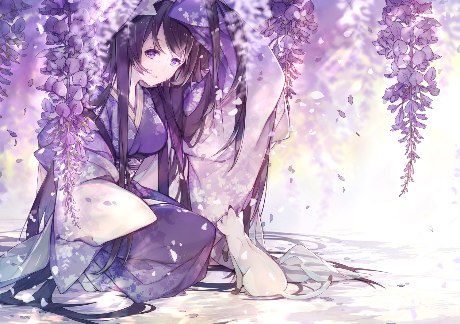 animal, cat, flowers, japanese_clothes, kimono, miyuki_(miyuki_05290), original, purple