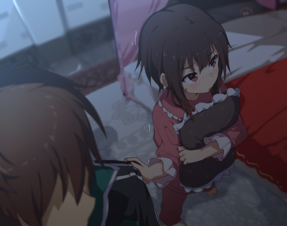 barefoot, bed, black_hair, blush, brown_hair, kono_subarashii_sekai_ni_shukufuku_wo!, male, megumin