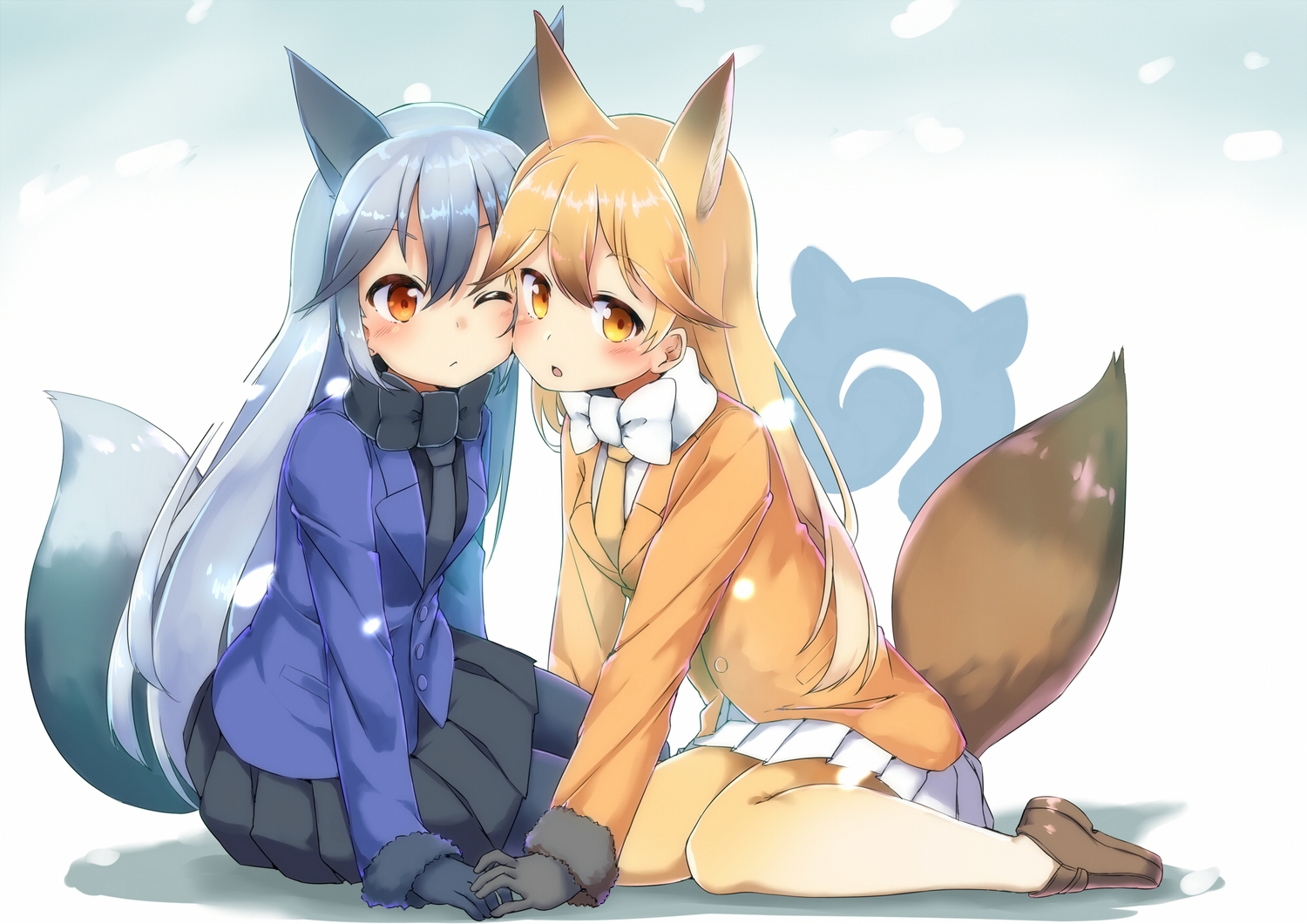 2girls, animal_ears, anthropomorphism, blonde_hair, blush, bow, brown_eyes, foxgirl