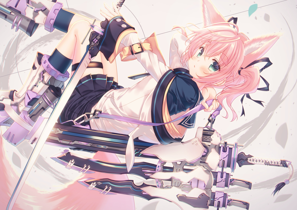 animal_ears, blush, foxgirl, green_eyes, hood, kneehighs, misaki_yuu, original