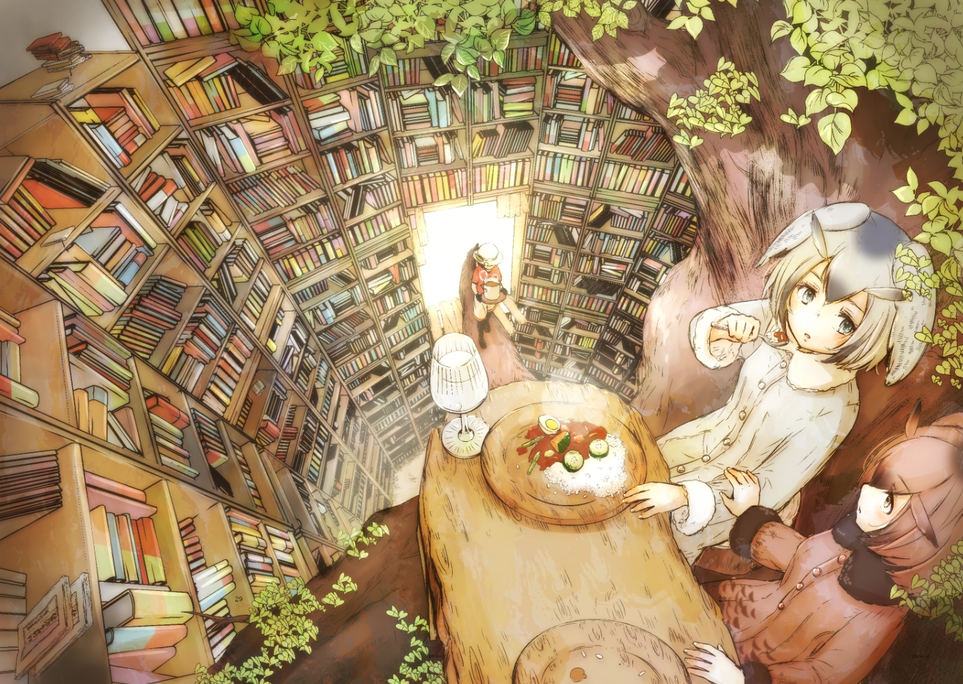 animal_ears, anthropomorphism, book, drink, eurasian_eagle-owl_(kemono_friends), food, hat, kaban