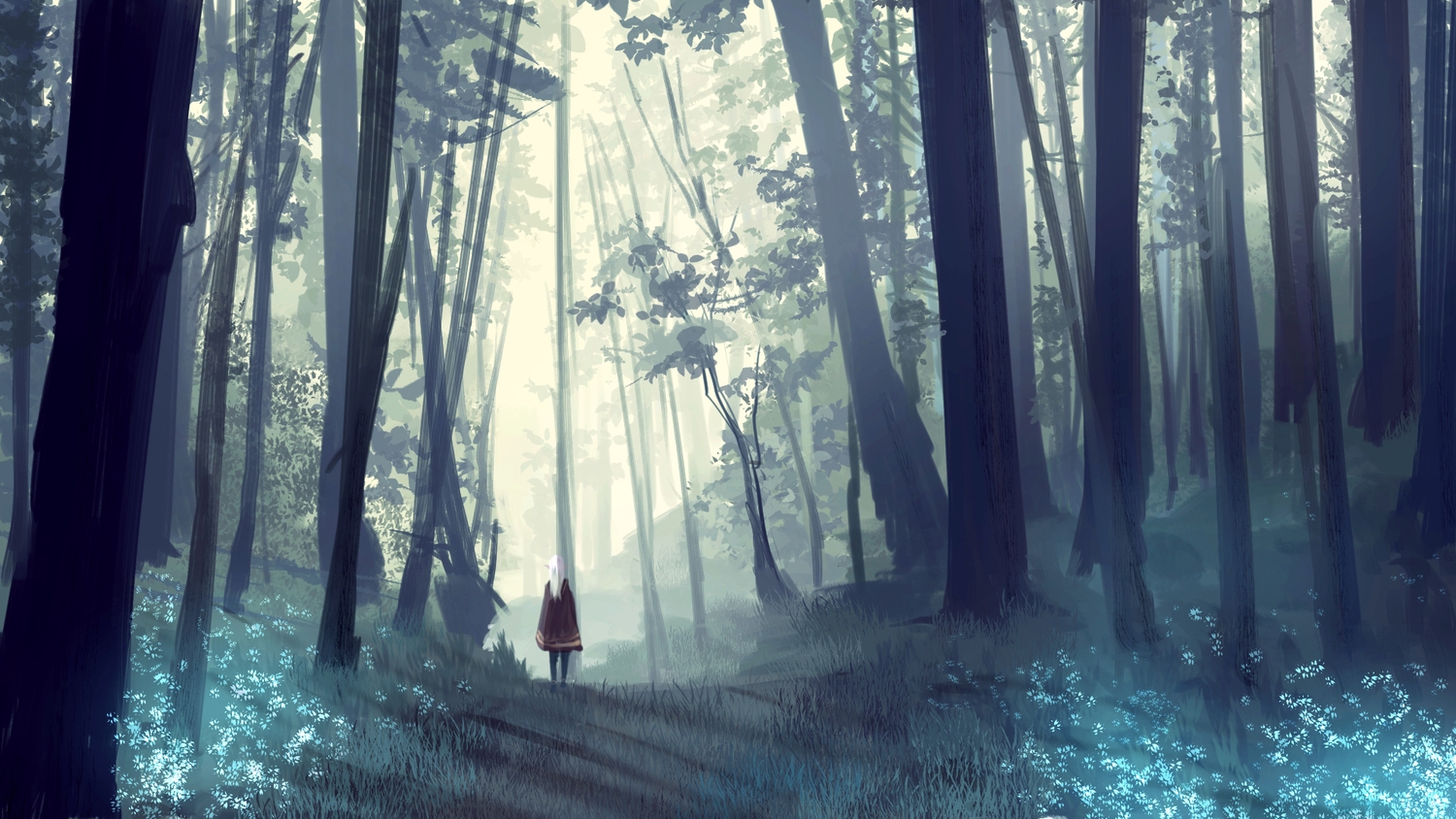 flowers, forest, grass, long_hair, original, pointed_ears, scenic, smile_(qd4nsvik)
