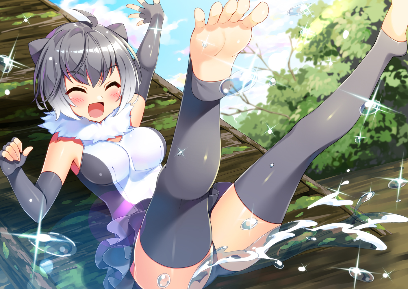 animal_ears, anthropomorphism, barefoot, blush, breasts, bucchake_(asami), clouds, dress