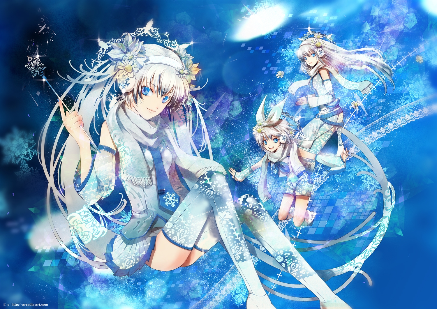 blue_eyes, hatsune_miku, kagamine_rin, long_hair, megurine_luka, radu, scarf, thighhighs