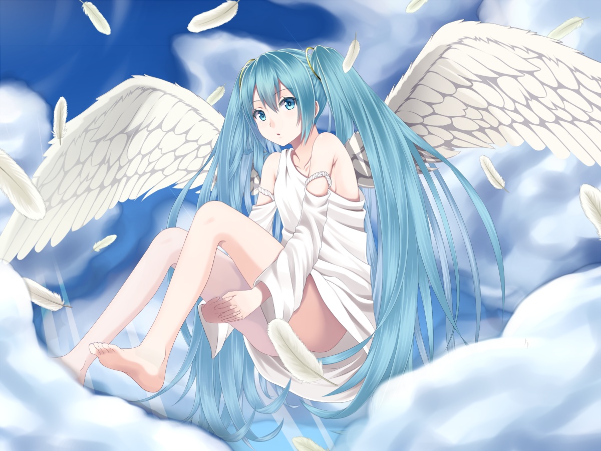 angel, aqua_eyes, barefoot, clouds, dress, feathers, hatsune_miku, heisei_yutorin, long_hair, sky, twintails, vocaloid, wings