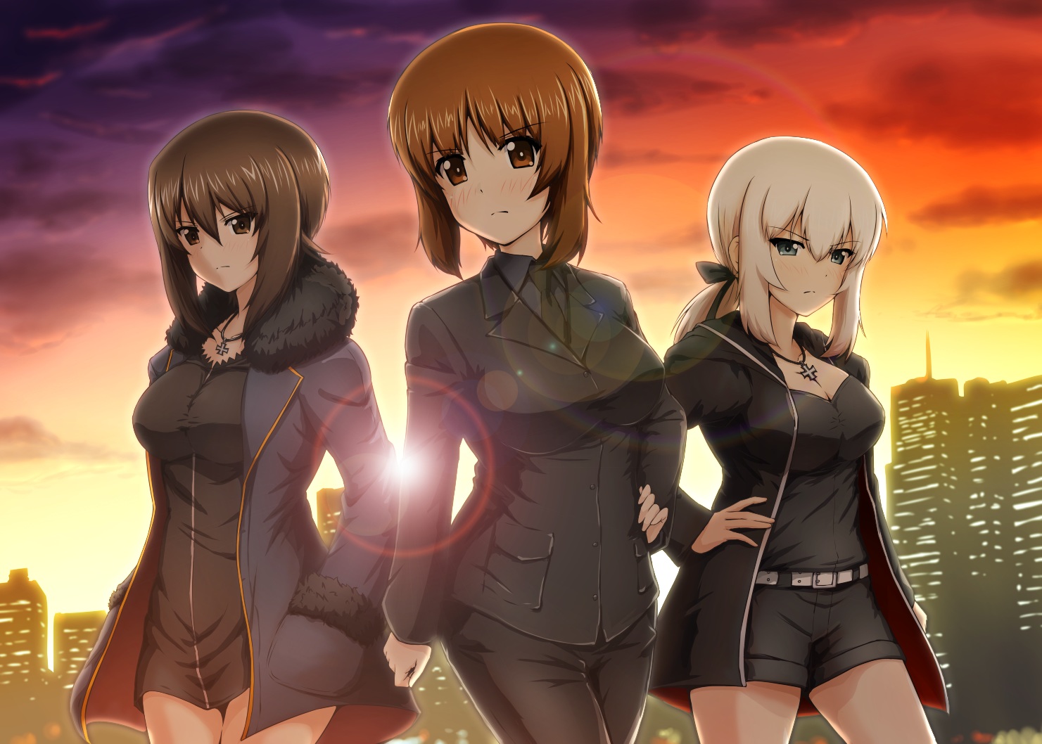 blush, breasts, brown_eyes, brown_hair, building, cleavage, clouds, cosplay