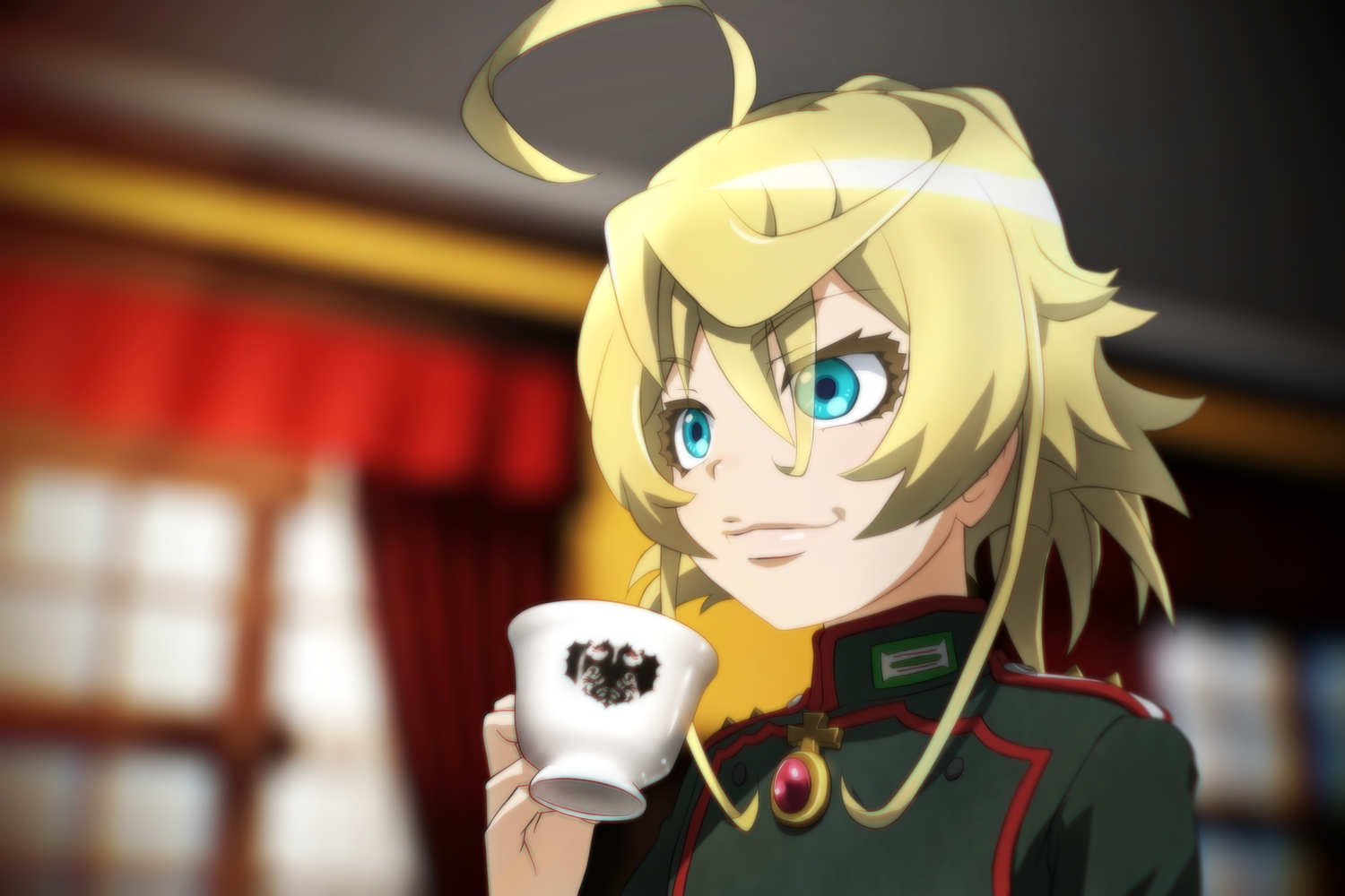 aqua_eyes, blonde_hair, drink, genya67, military, short_hair, tanya_degurechaff, uniform