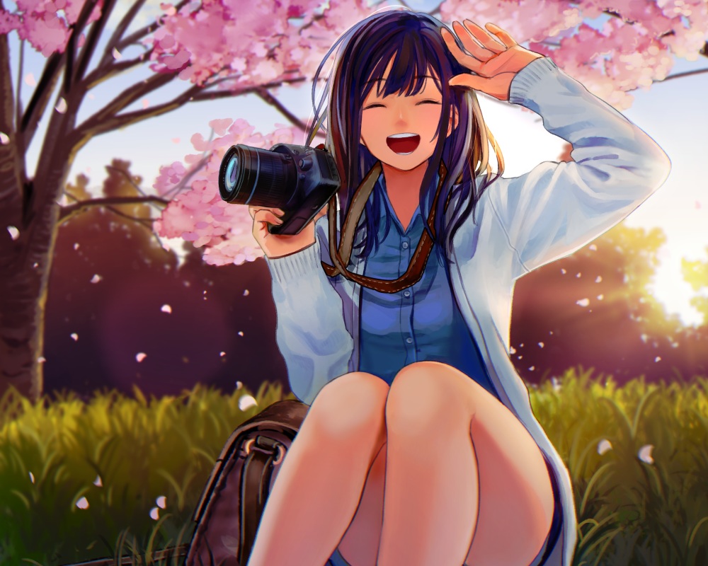 black_hair, camera, cherry_blossoms, cropped, flowers, grass, long_hair, nashigaya_koyomi