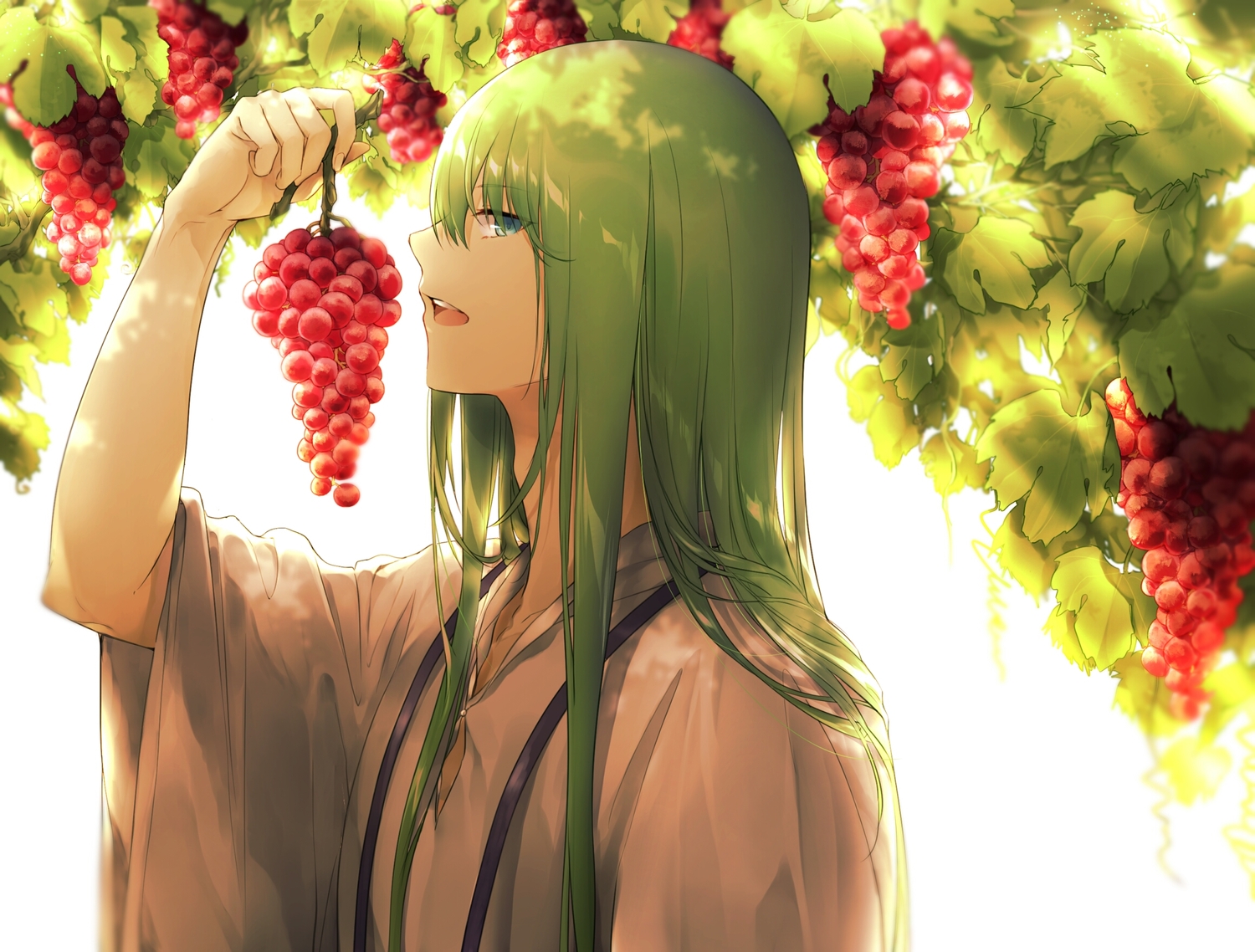 all_male, aqua_eyes, enkidu, fate/grand_order, fate_(series), food, fruit, green_hair, long_hair, male, yuririensu