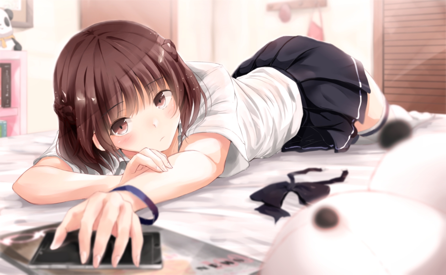 bed, blush, bow, braids, brown_eyes, brown_hair, fuu_(fuore), original, phone, school_uniform, short_hair, skirt, thighhighs