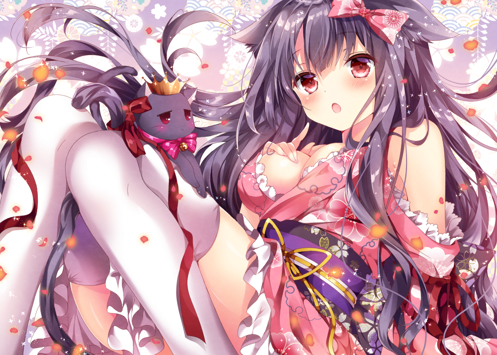 aliasing, animal, animal_ears, bell, black_hair, blush, bow, breast_hold