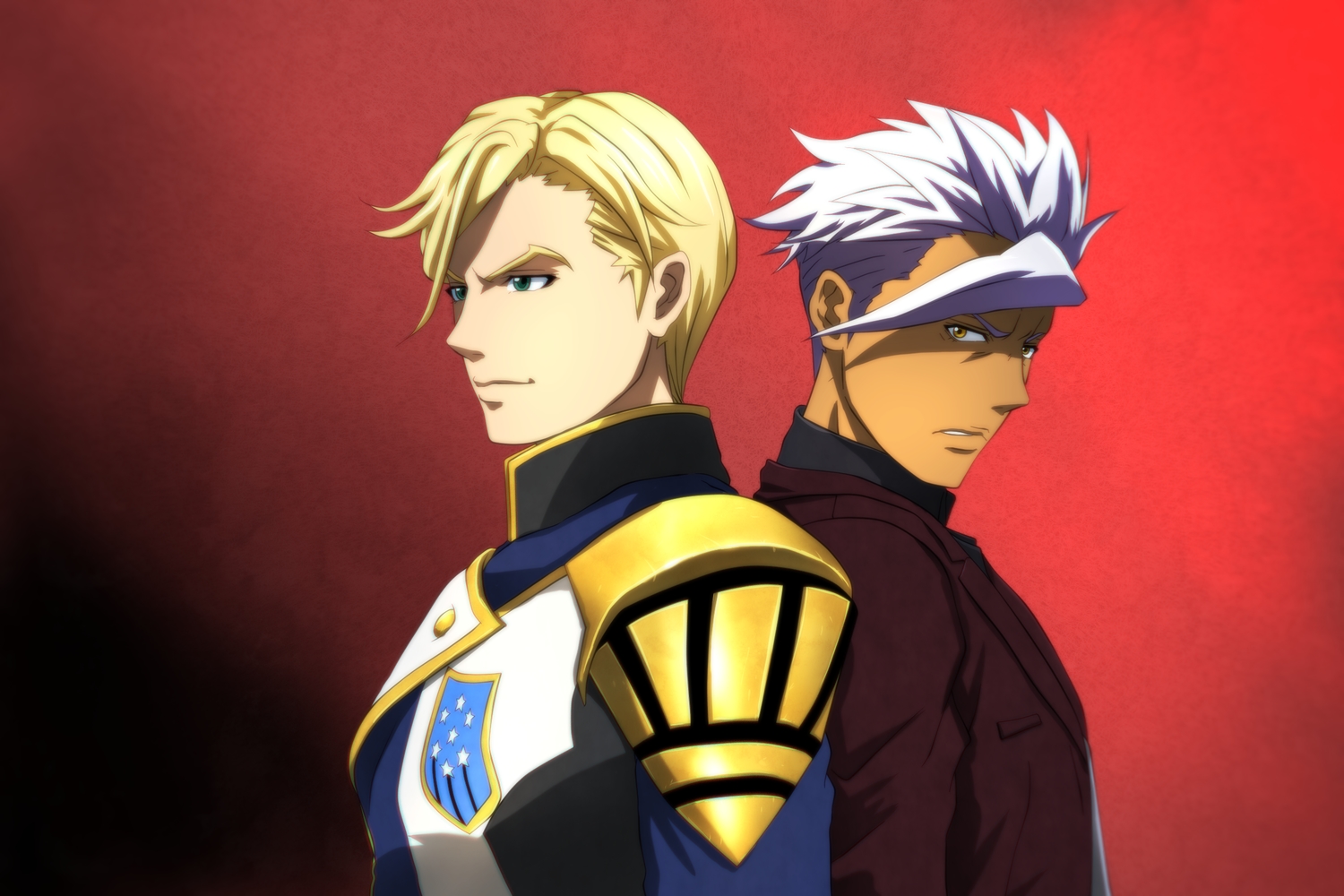 all_male, blonde_hair, dark_skin, genya67, green_eyes, gundam_tekketsu_no_orphans, male, mcgillis_fareed, mobile_suit_gundam, orga_itsuka, short_hair, white_hair, yellow_eyes