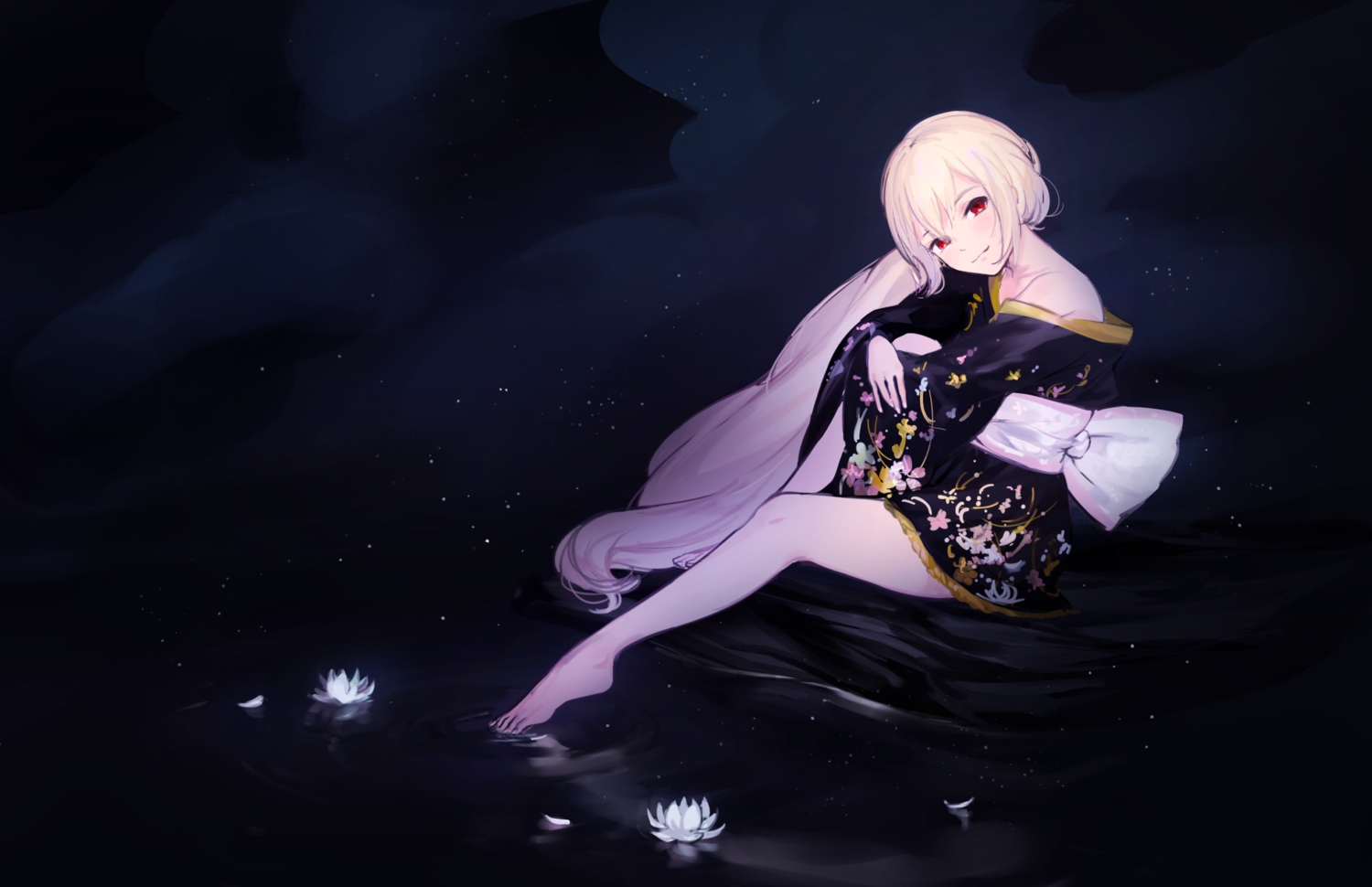 barefoot, blonde_hair, dark, flowers, japanese_clothes, k_(sktchblg), long_hair, red_eyes, yukata