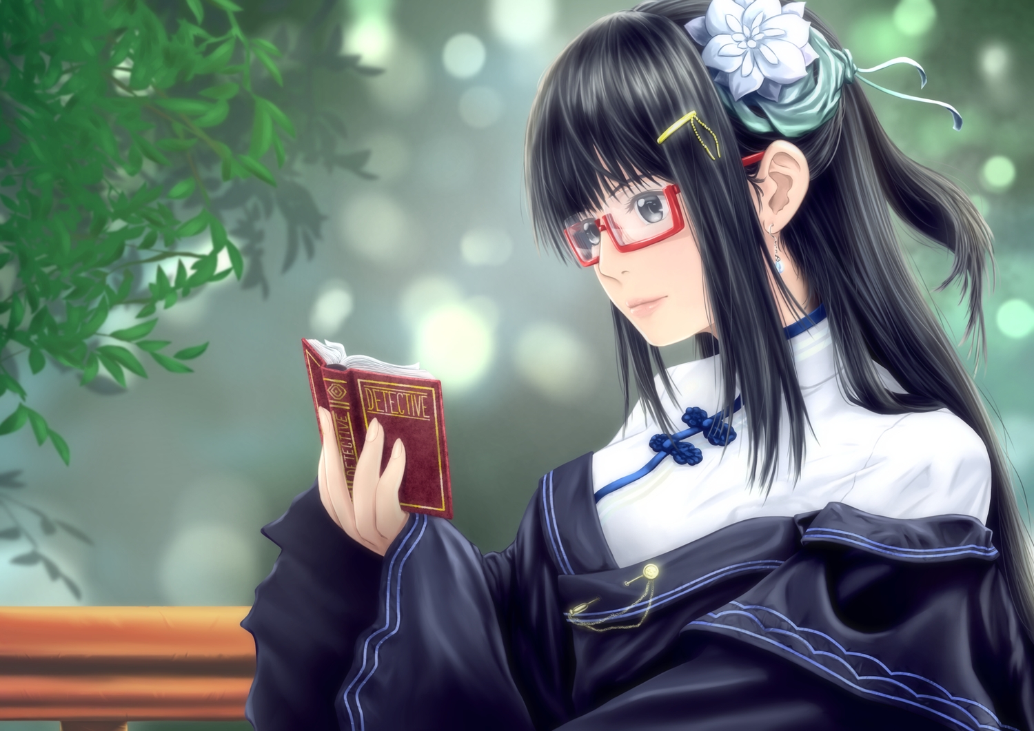 black_hair, book, chinese_clothes, flowers, glasses, gray_eyes, long_hair, original