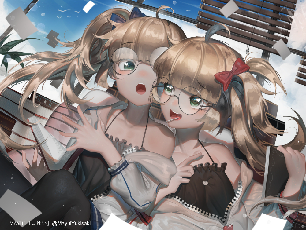 2girls, animal, bird, book, bow, brown_hair, candy, glasses, green_eyes, lollipop, long_hair, original, twins, twintails, water, watermark, yukisaki_mayui