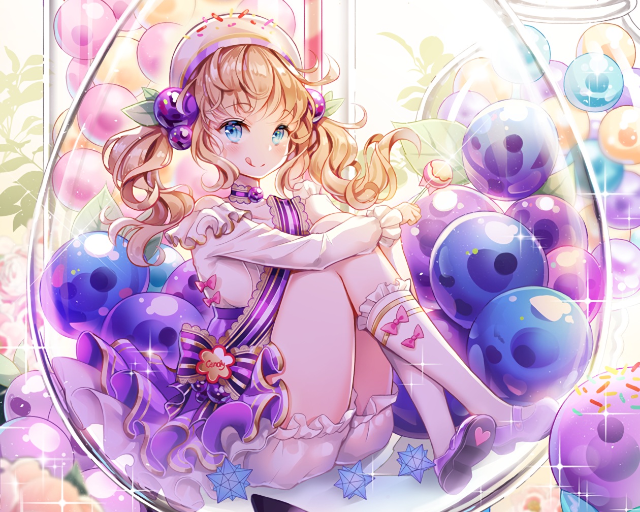aqua_eyes, blonde_hair, bloomers, blush, bow, candy, cropped, kneehighs, lollipop, long_hair, original, tobi_(mue86), twintails, waifu2x