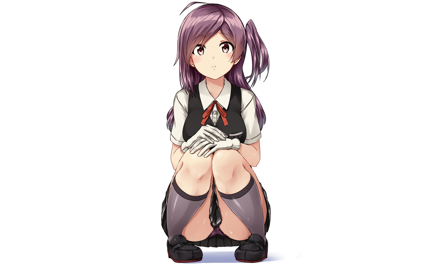 anthropomorphism, gloves, hagikaze_(kancolle), kamelie, kantai_collection, kneehighs, panties, pink_eyes, ponytail, purple_hair, school_uniform, skirt, underwear, white