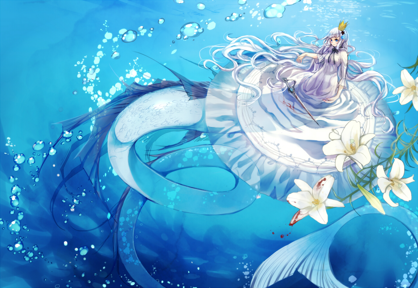 aiha-deko, aqua_eyes, blood, crown, dress, flowers, long_hair, mermaid, original, tail, underwater, water, white_hair