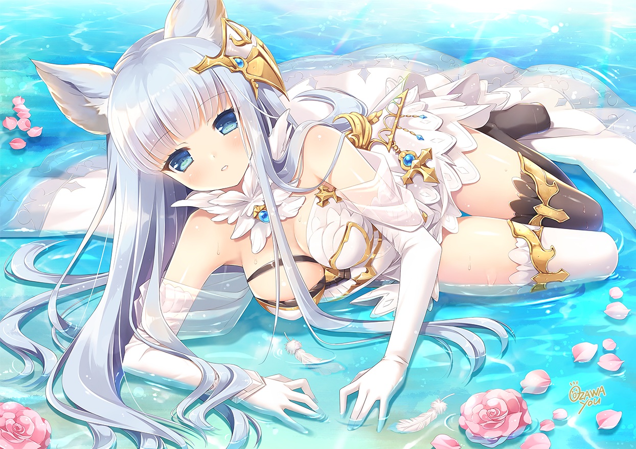 animal_ears, aqua_eyes, breasts, elbow_gloves, feathers, gloves, granblue_fantasy, gray_hair, korwa, long_hair, ozawa_you, petals, signed, thighhighs, water