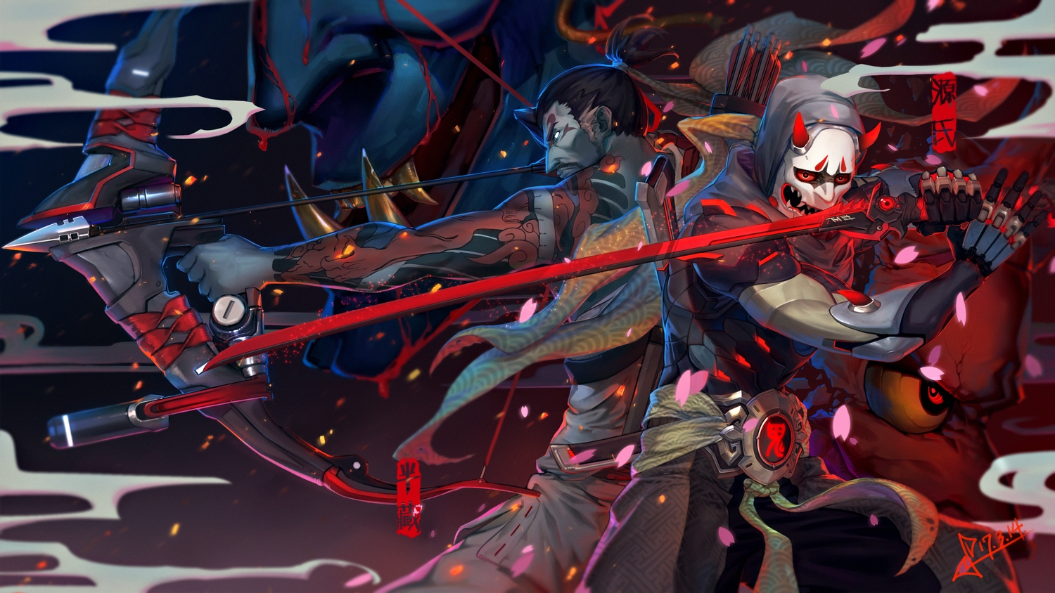 all_male, bow_(weapon), genji_(overwatch), hanzo_(overwatch), horns, male, overwatch, ponytail