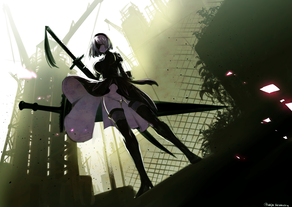 blindfold, breasts, cyonmage, dark, dress, nier, nier:_automata, panties, short_hair, signed, sword, underwear, weapon, white_hair, yorha_unit_no._2_type_b