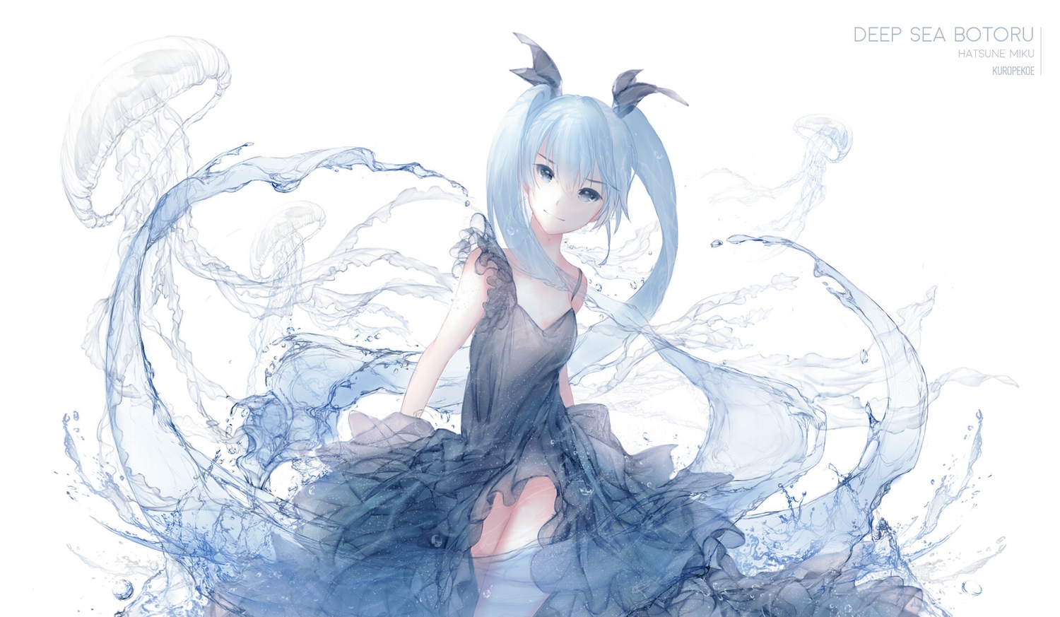 aqua_eyes, aqua_hair, deep-sea_girl_(vocaloid), dress, hatsune_miku, jpeg_artifacts, kuropekoe, long_hair, twintails, vocaloid, water