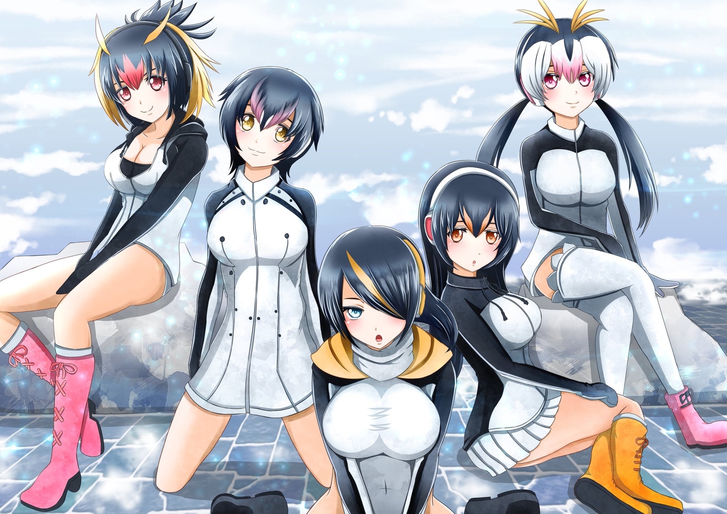 anthropomorphism, aqua_eyes, black_hair, blonde_hair, blush, breasts, cleavage, emperor_penguin_(kemono_friends)