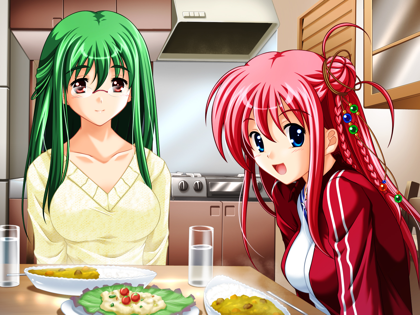 blue_eyes, glasses, green_hair, koi_q!, mana_(koi_q!), niizato_misaki, pink_hair, red_eyes