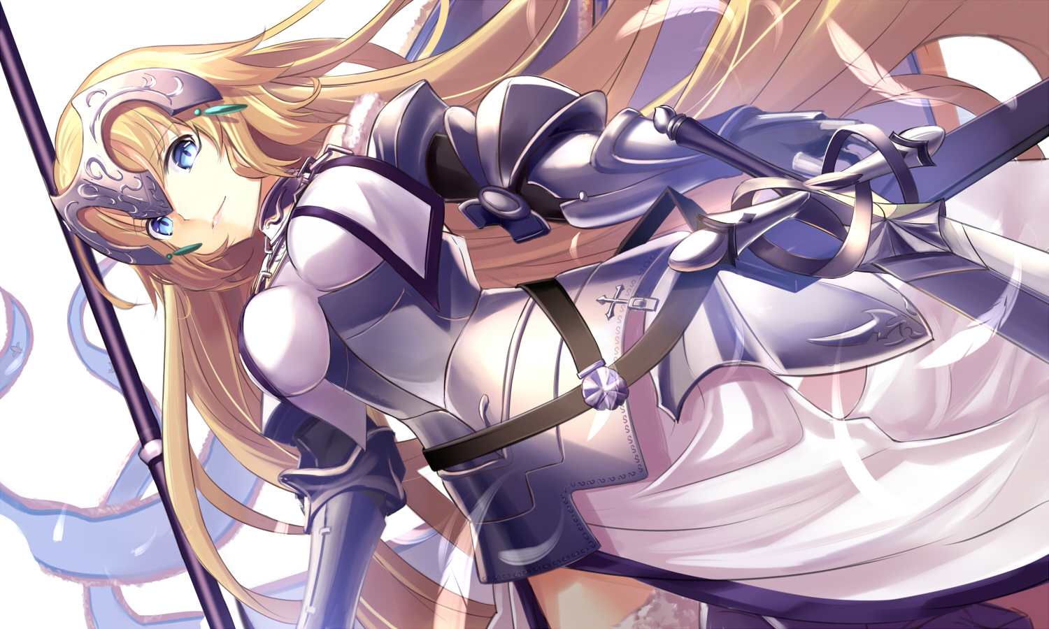 aqua_eyes, armor, blonde_hair, breasts, dress, fate/grand_order, fate_(series), headdress, jeanne_d'arc_(fate), long_hair, renka_(renkas), sword, weapon