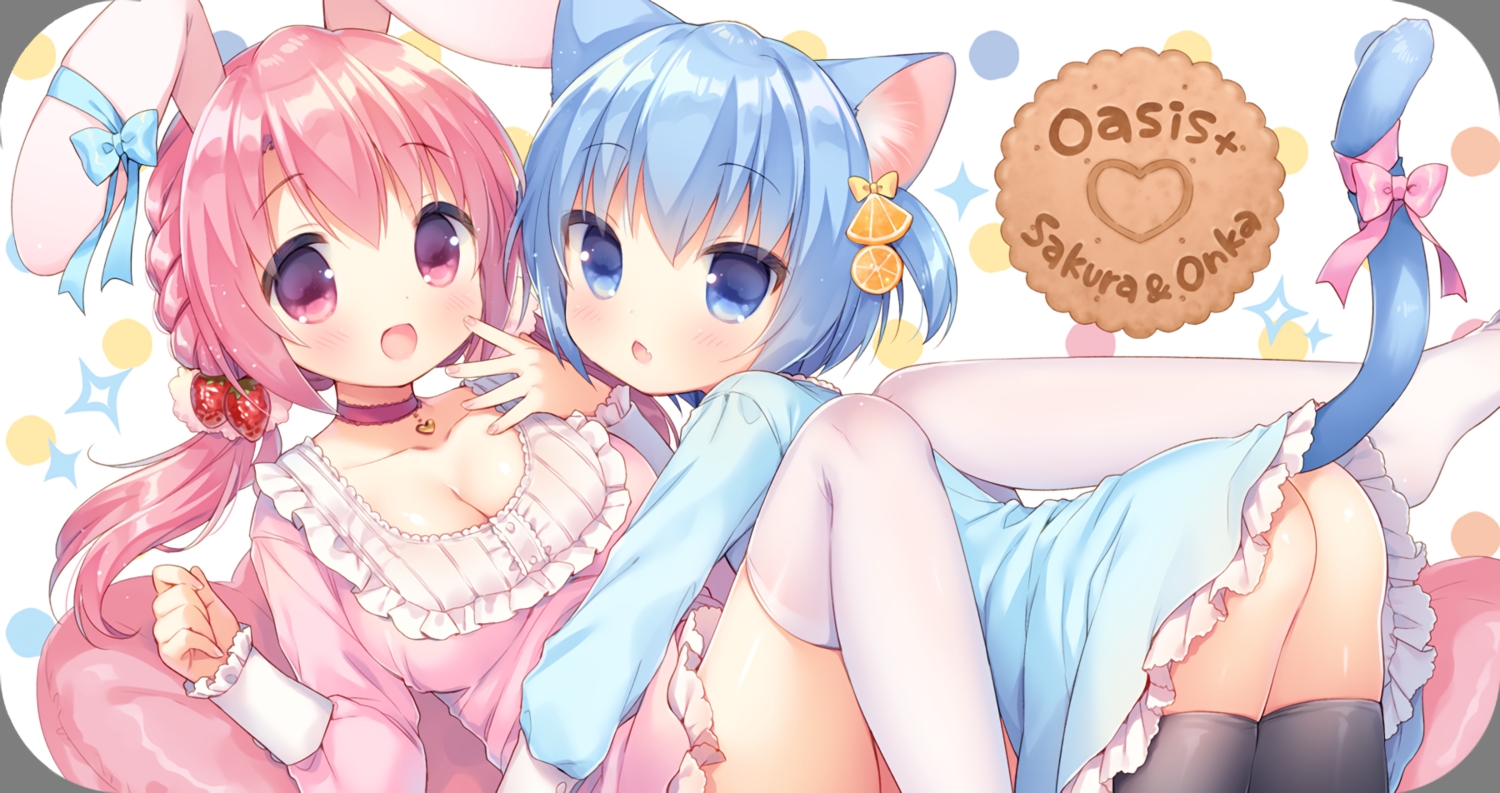 2girls, animal_ears, aqua_eyes, aqua_hair, ass, bow, breasts, bunny_ears, bunnygirl, catgirl, choker, cleavage, dress, hug, long_hair, nopan, onka, original, pink_eyes, pink_hair, sakura_(mani), short_hair, tail, thighhighs, twintails, usashiro_mani, waifu2x