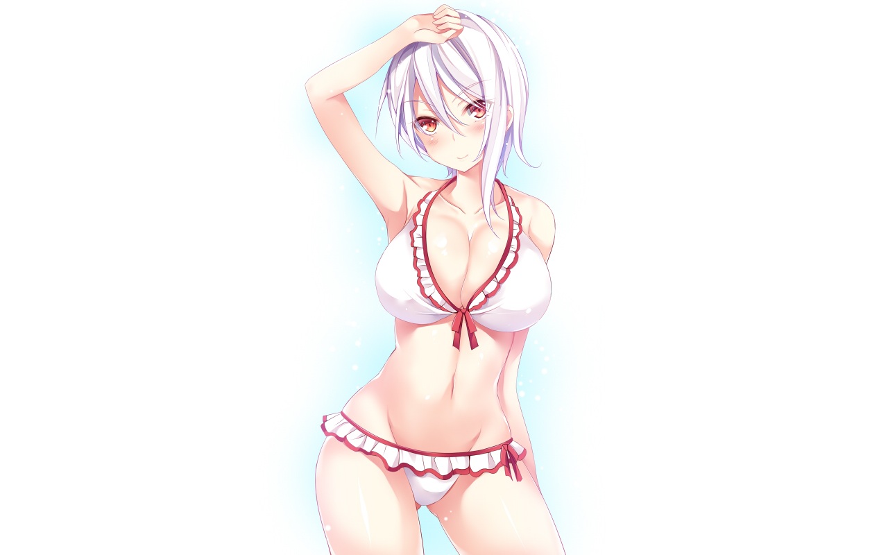 bikini, blush, murasakigo, nakiri_alice, navel, shokugeki_no_souma, short_hair, swimsuit, white, white_hair