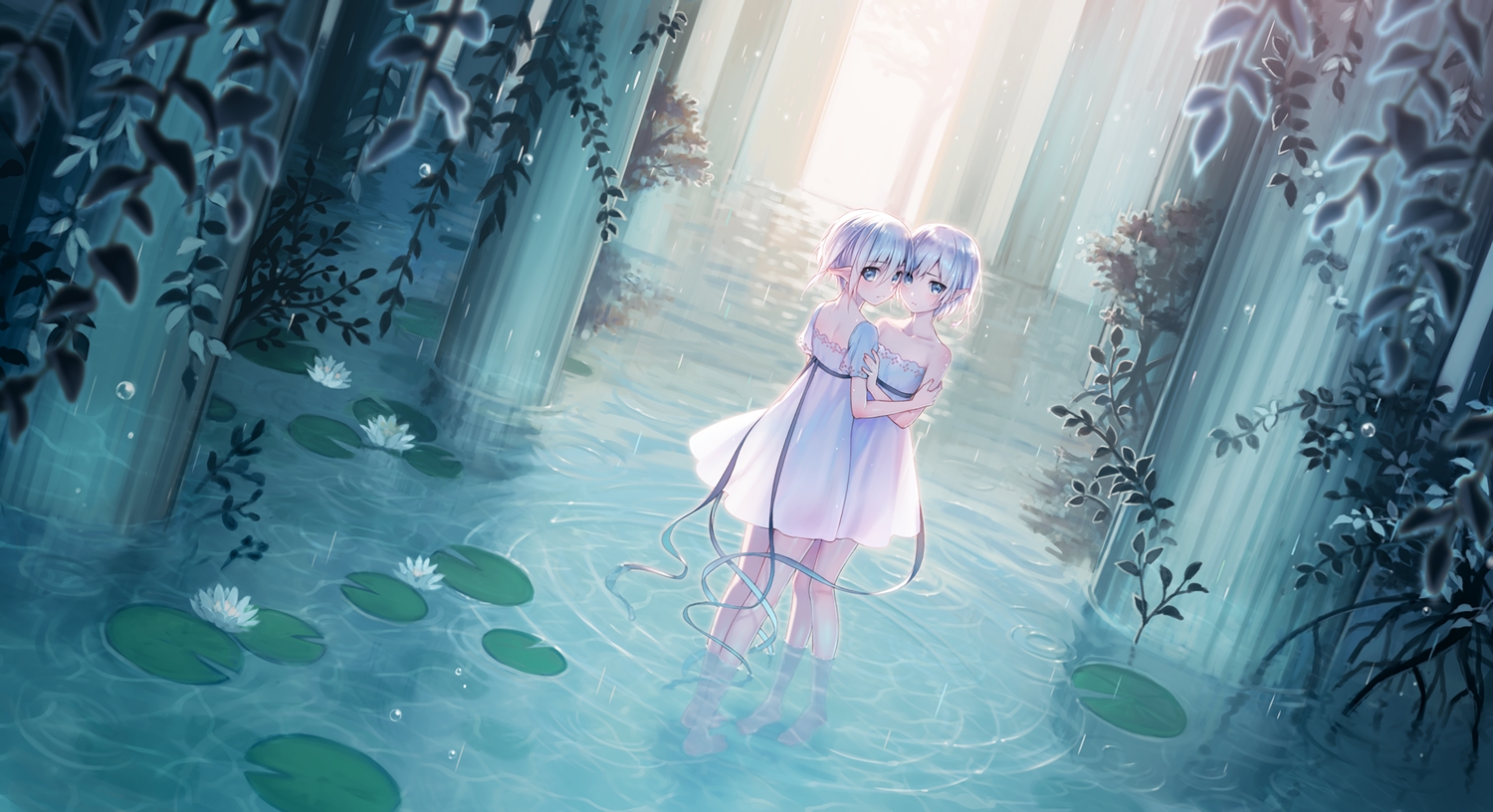 2girls, blue_eyes, dress, gray_hair, nekokan_masshigura, original, pointed_ears, rain