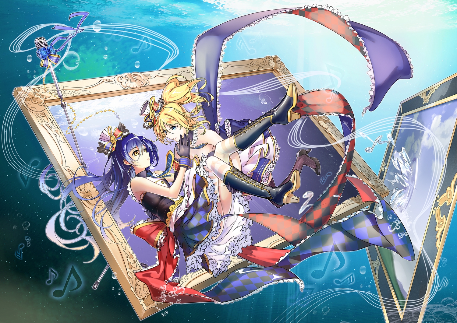 2girls, aqua_eyes, ayase_eri, blonde_hair, blue_hair, boots, bubbles, gloves, heiqi_(sharpface), long_hair, love_live!_school_idol_project, microphone, sonoda_umi, thighhighs, underwater, water, yellow_eyes