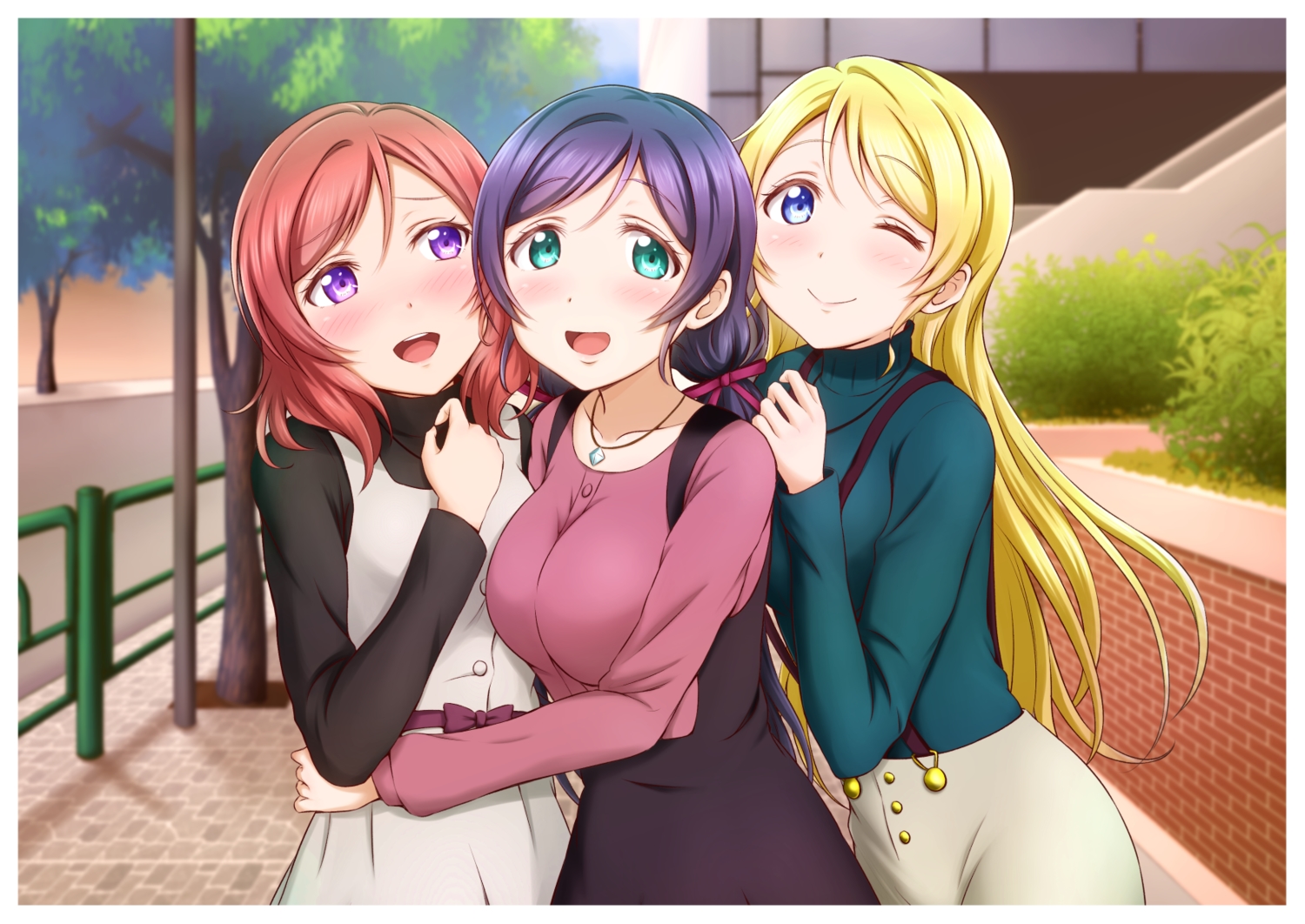 ayase_eri, blonde_hair, blue_eyes, blush, breasts, ckst, green_eyes, hug