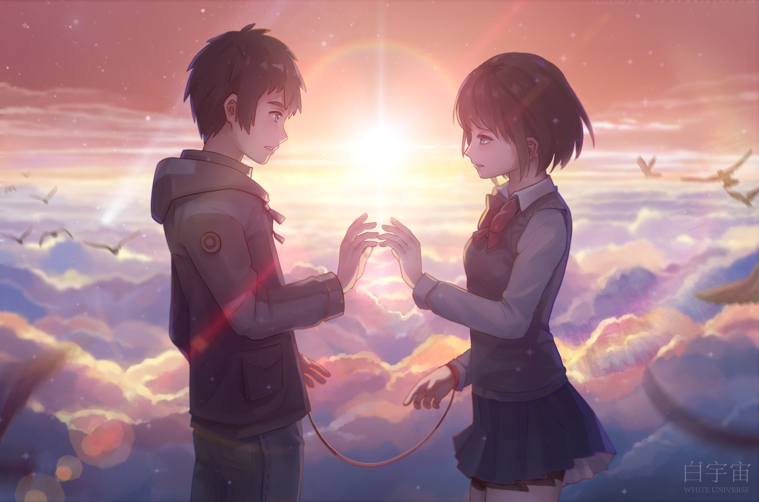 animal, aoiakamaou, bird, black_hair, bow, clouds, kimi_no_na_wa, male