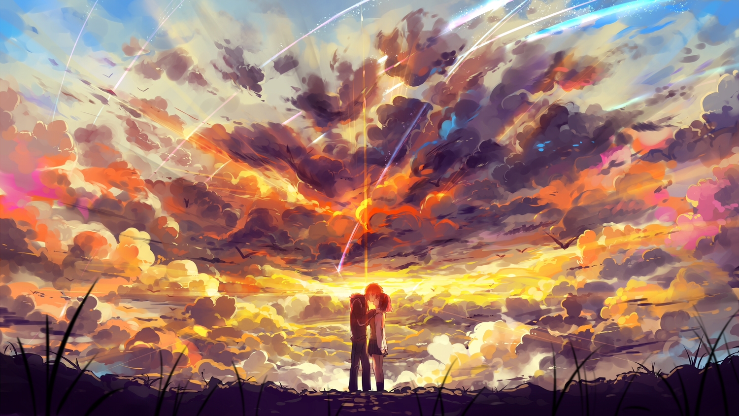 clouds, haraguroi_you, kimi_no_na_wa, kiss, kneehighs, male, miyamizu_mitsuha, short_hair