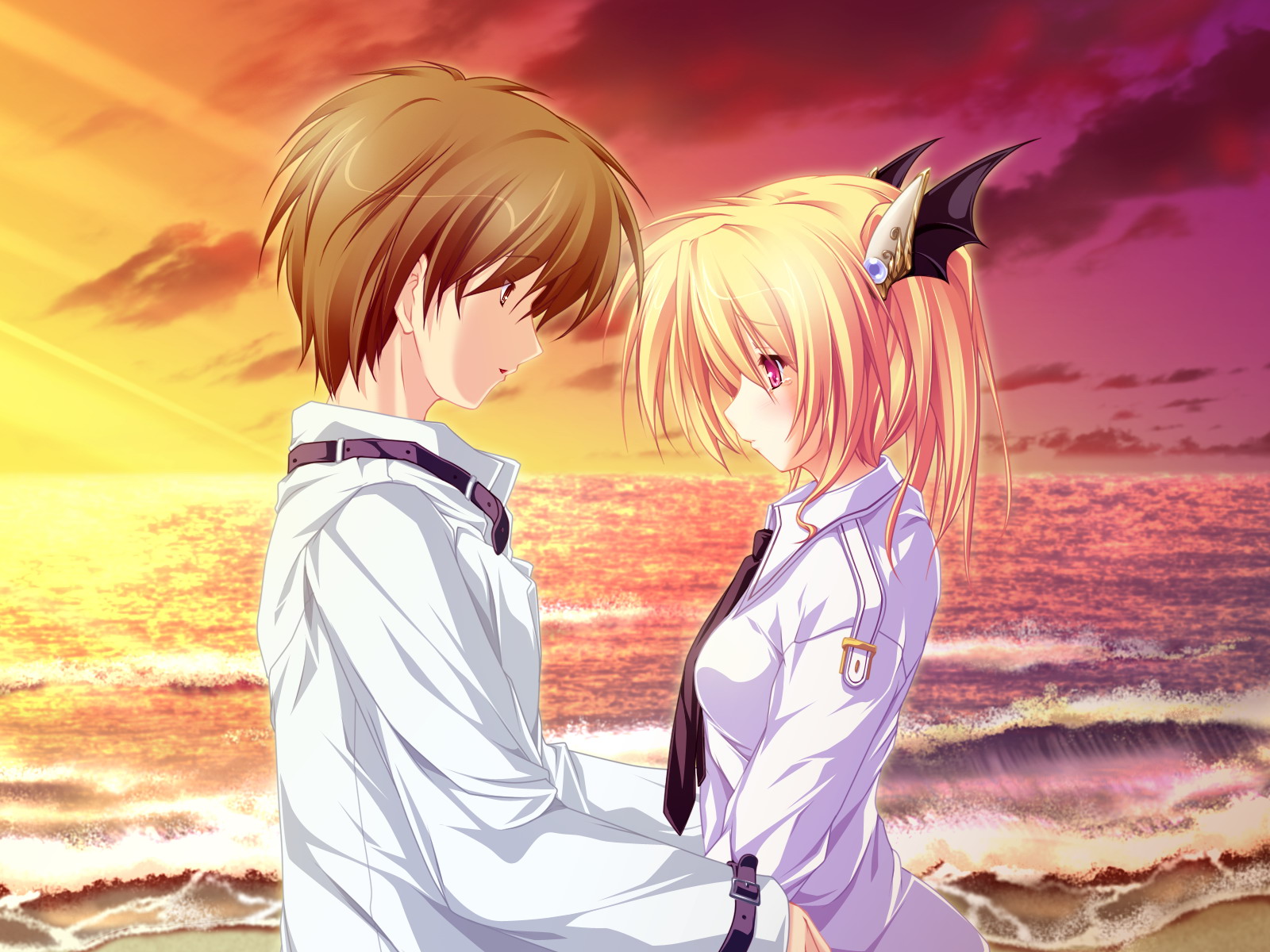 beach, blonde_hair, clouds, game_cg, magus_tale, nina_geminis, red_eyes, school_uniform