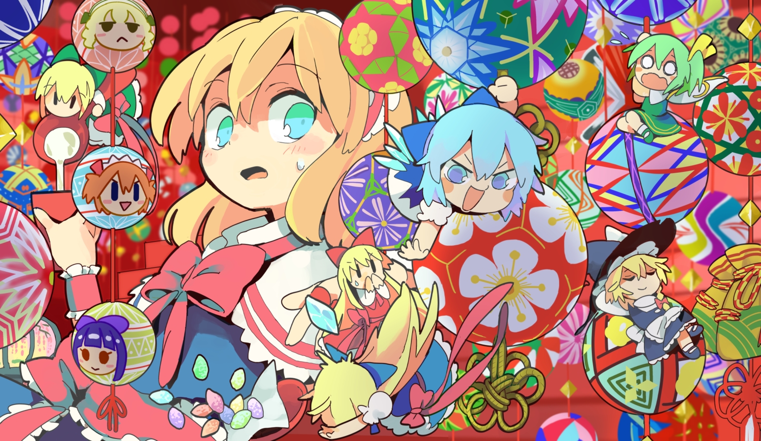 alice_margatroid, blonde_hair, bow, cirno, daiyousei, doll, dress, drink, fairy, green_hair, hat, hourai, kirisame_marisa, long_hair, luna_child, momoyama_nozomu, shanghai_doll, short_hair, star_sapphire, sunny_milk, touhou, witch_hat