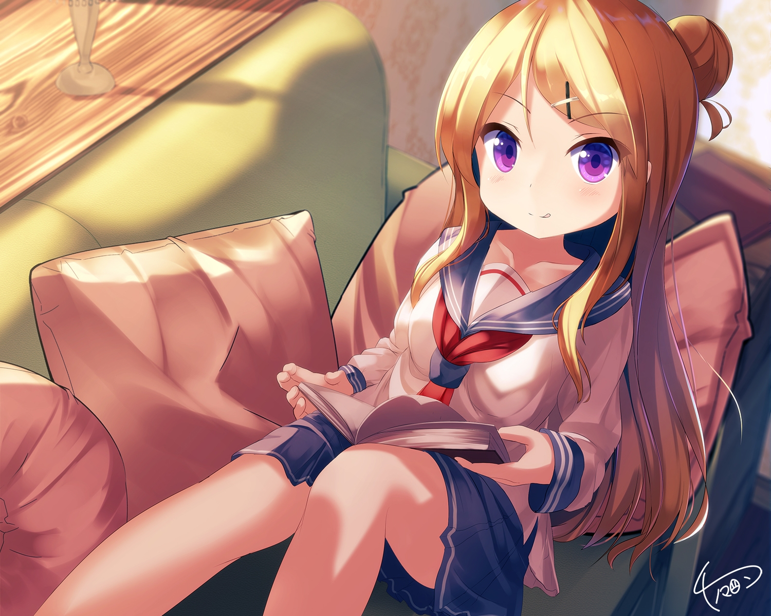blonde_hair, blush, book, chinomaron, couch, cropped, kiniro_mosaic, kujou_karen
