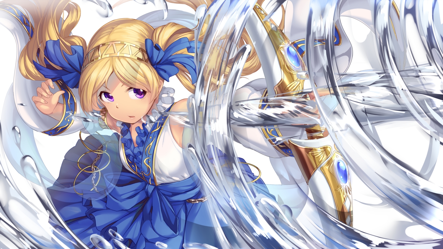 blonde_hair, bow_(weapon), chain, emily_stewart, idolmaster, idolmaster_million_live!, karisuwaya, long_hair, purple_eyes, twintails, water, weapon