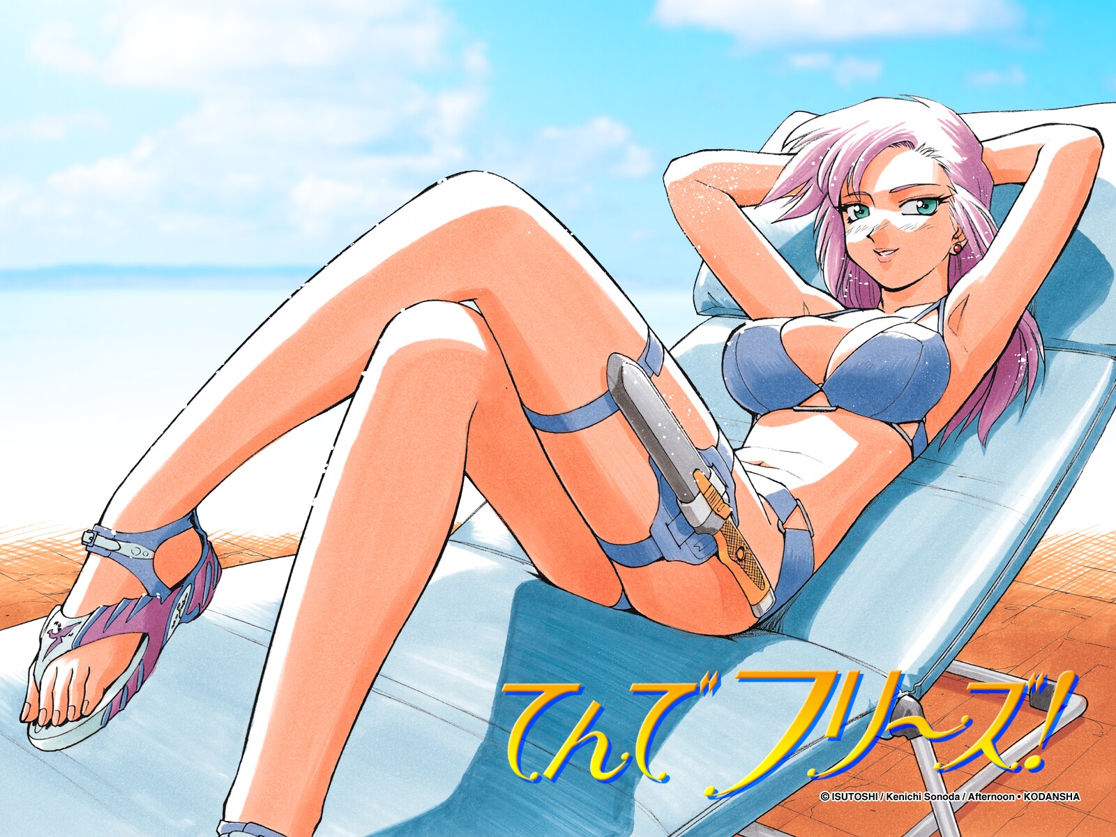 afternoon, aqua_eyes, beach, bikini, knife, pink_hair, sonoda_kenichi, summer