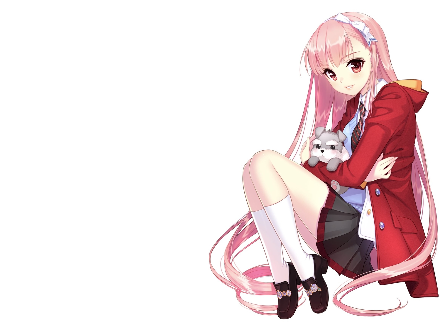 animal, dmyo, dog, headband, kneehighs, long_hair, pink_eyes, pink_hair