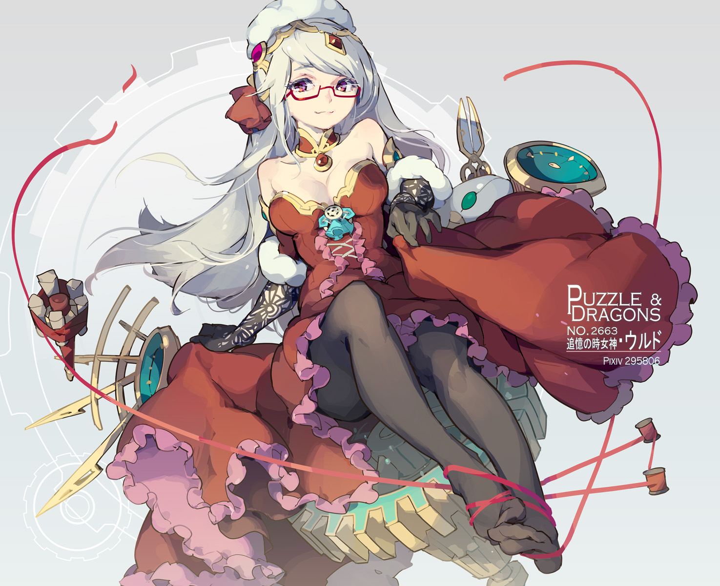 breasts, cleavage, corset, dress, elbow_gloves, glasses, gloves, gray_hair