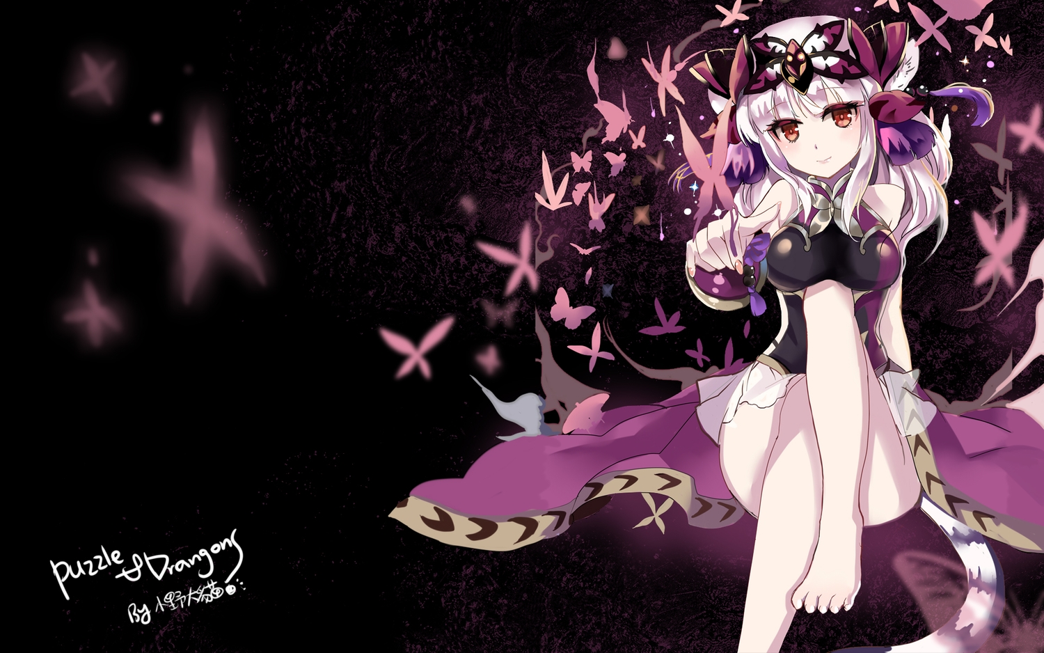 barefoot, breasts, haku_(p&d), long_hair, lunacats, puzzle_&_dragons, red_eyes, tail, watermark, white_hair