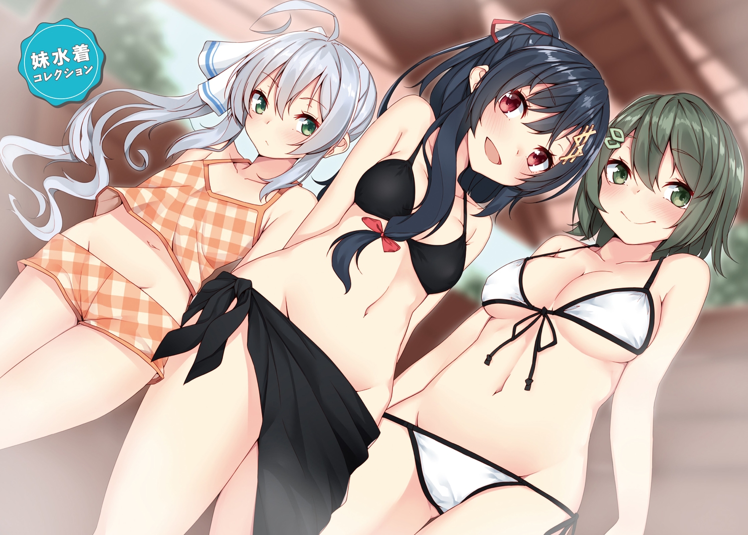 bikini, black_hair, blush, breasts, gray_hair, green_eyes, green_hair, long_hair, navel, nebu_soku, ponytail, red_eyes, short_hair, shorts, swimsuit