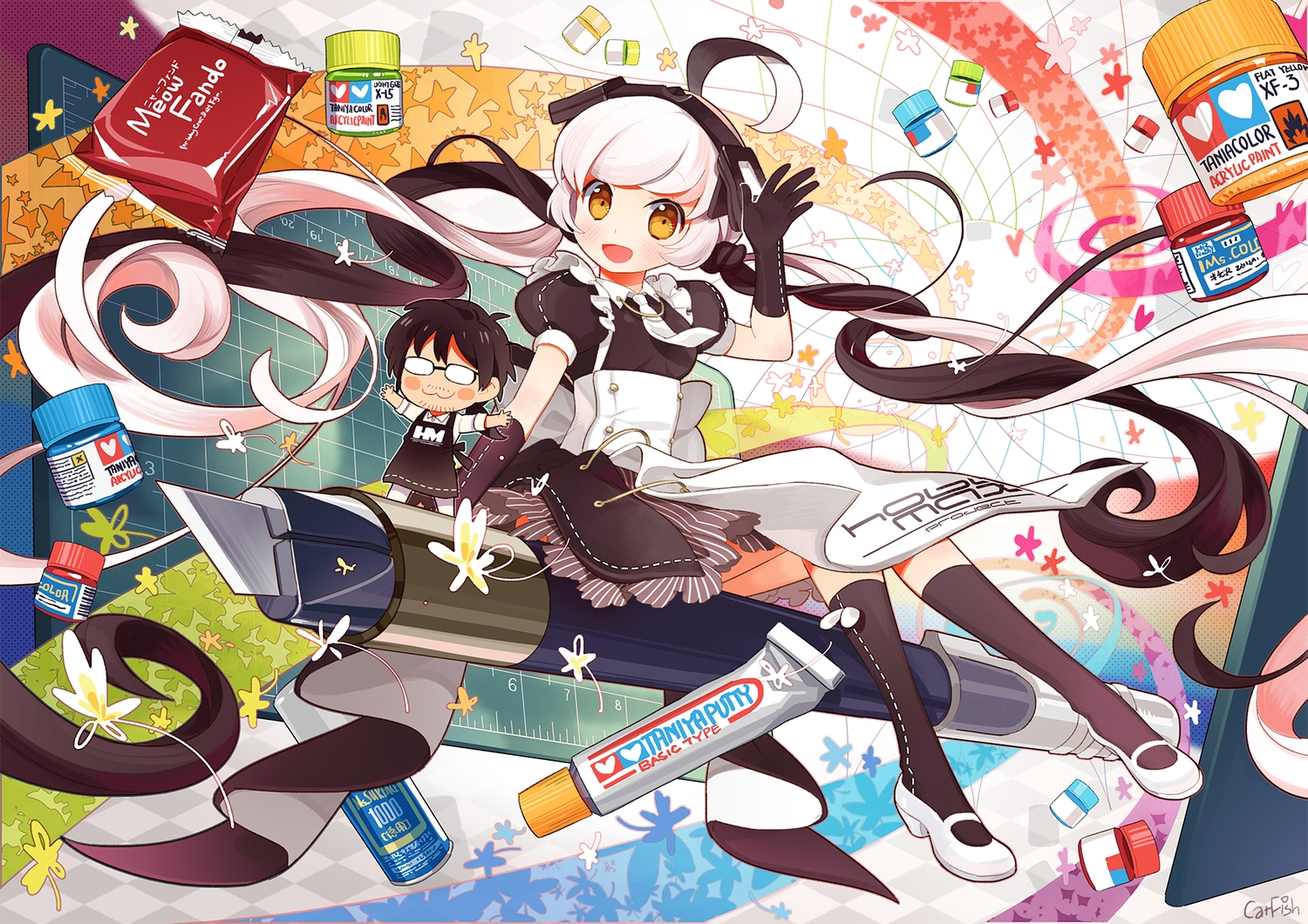 black_hair, blush, cat_smile, chibi, dress, glasses, gloves, kneehighs